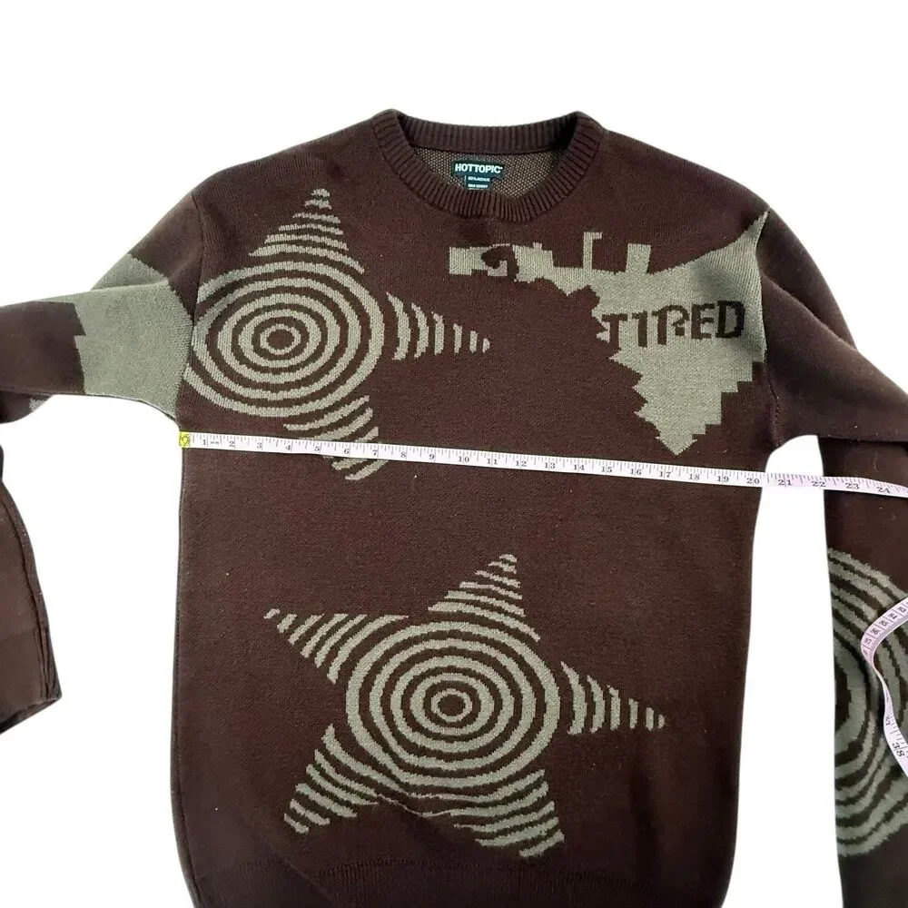 Hot Topic Grunge Swirl Star Intarsia Sweater Men Small Brown Retro Long Sleeve